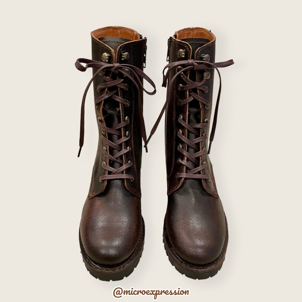 $528 Frye Sabrina Moto Brown Lace Up Leather Chunky Lug Heel Combat Ankle Bootie - Picture 10 of 16